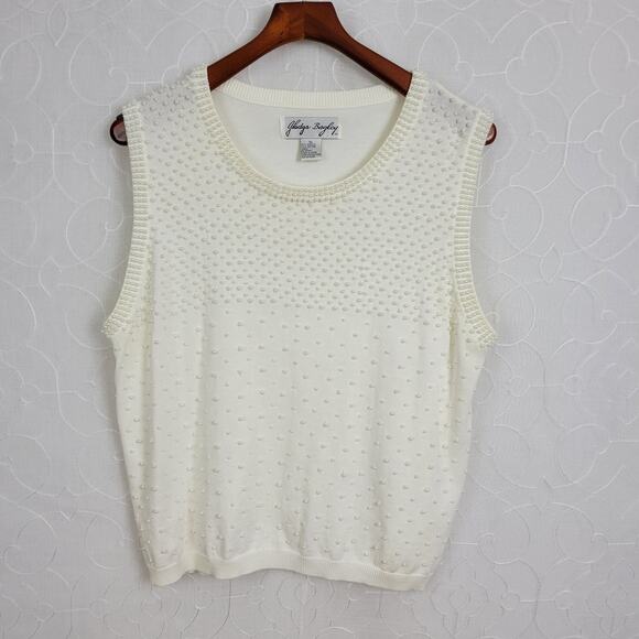VTG Gladys Bagley Pearl Front Tank Womens XL White Beaded Sleeveless Knit Tank - Picture 3 of 6
